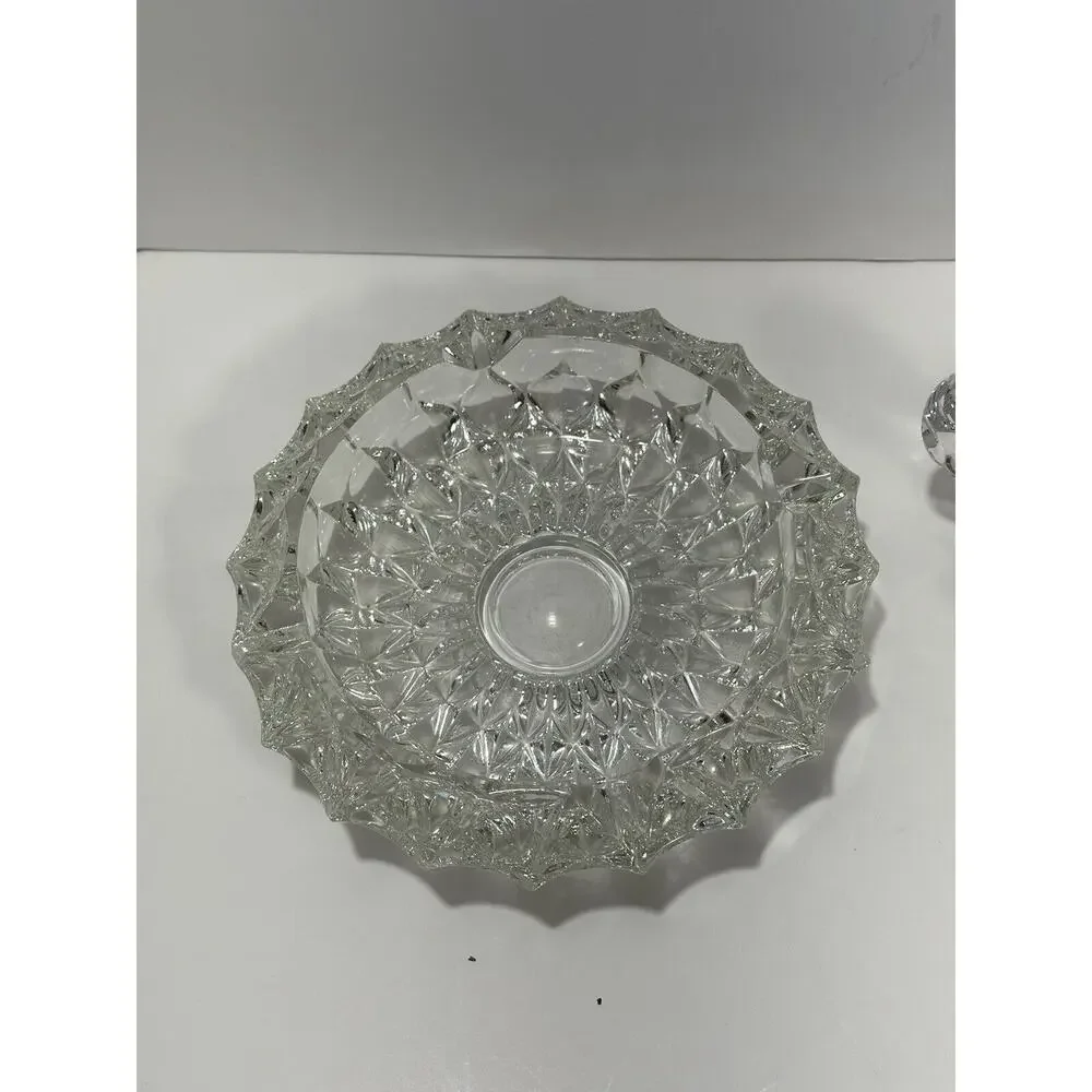 Lot 2 Vintage Large Lead Crystal Cut Clear Glass Ashtray‎ 7” Heavy Dish Etched